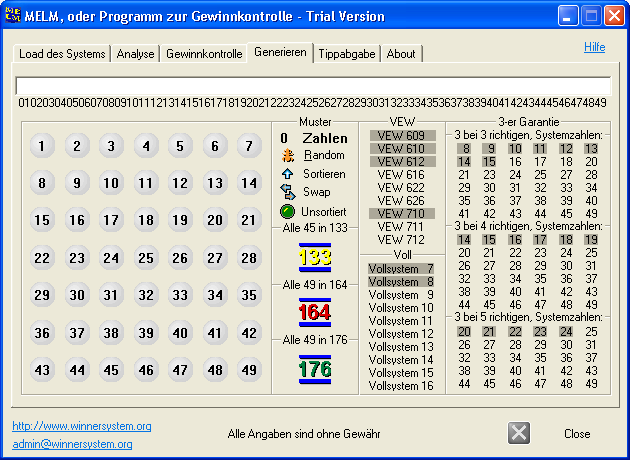 In der FREEWARE Version verf&uuml;gbare Lottosysteme (bs zu 35 Spielreihen)